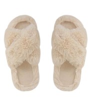 Loungeable Cream Faux Fur Cross Strap Chunky Slippers